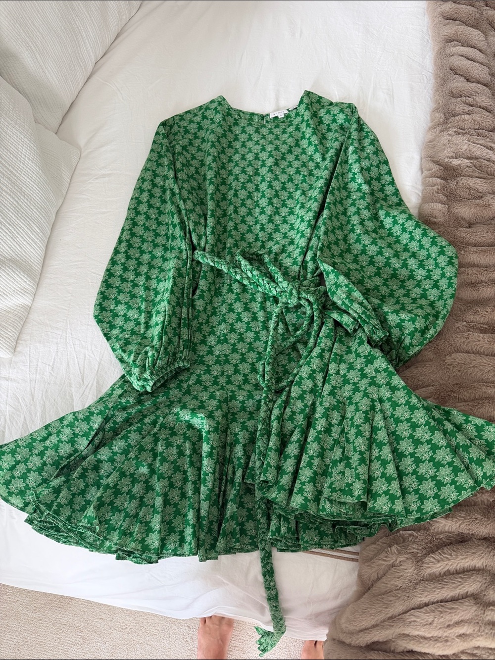 RHODE Emerald Floral Tie-Waist Long Sleeve Dress